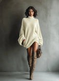 Elegant Long Sleeve Solid Knitwear Sweaters Dresses Women High-Neck Casual Commute Clothes Autumn Winter Female Pullover Dress
