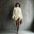 Elegant Long Sleeve Solid Knitwear Sweaters Dresses Women High-Neck Casual Commute Clothes Autumn Winter Female Pullover Dress