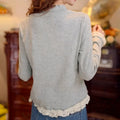 Women Blouse Top Women Ruffle Mock Neck Long Sleeve Top Lace Patchwork Cropped Casual Blouse
