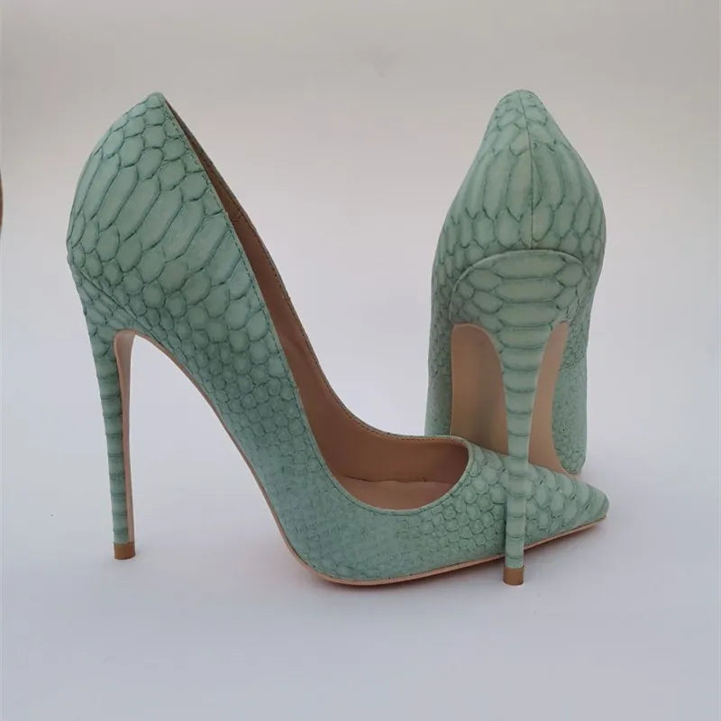 light green snake pattern 8cm-12cm stiletto shallow mouth pointed sexy single shoes party nightclub models women's shoes