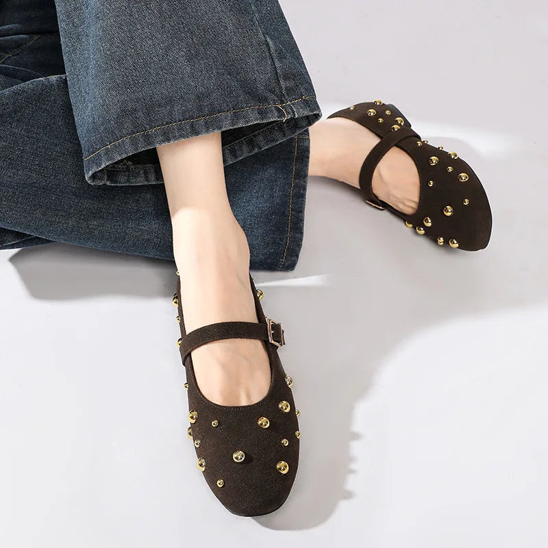 Round Toe Rivet Mary Janes Shoes Women Spring Autumn Buckle Strap Ballet Flats Shoes Female Elegant Daily Loafers Footwear New