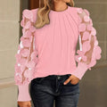 Women Round Neck Pleated Blouse Solid Color Mesh Patchwork Elegant Office Top
