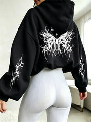 Women Cropped Hoodie Gothic Thorn Butterfly Back Print Long Sleeve Casual Daily Streetwear Dark Aesthetic Soft Sweatshirt