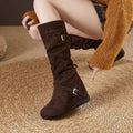 Women Round Toe Buckle Knee High Boots, Faux Suede Upper, Hidden Wedge Heel, Side Zipper Warm Fleece Lined Tall Boots For Daily