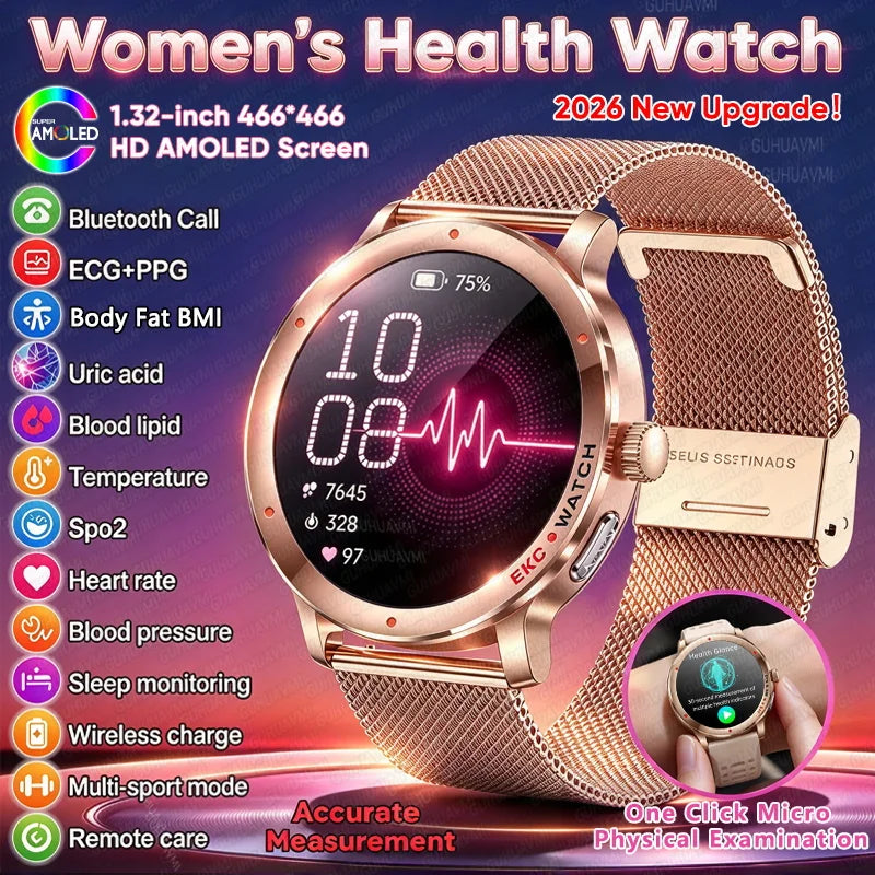 Women Watch 2026 New Women Accurate Diagnosis ECG Smart Watch Lady Gift 1.32 AMOLED Blood Pressure Blood Fat Sleep HD Call Sports Smartwatch