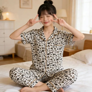 Women's Pajama Women's Leopard Print Pajama Y2K Short Sleeve Pants Sleepwear Spring Pijama Ladies Pyjama Student Nightwear Home Clothes 2 Piece