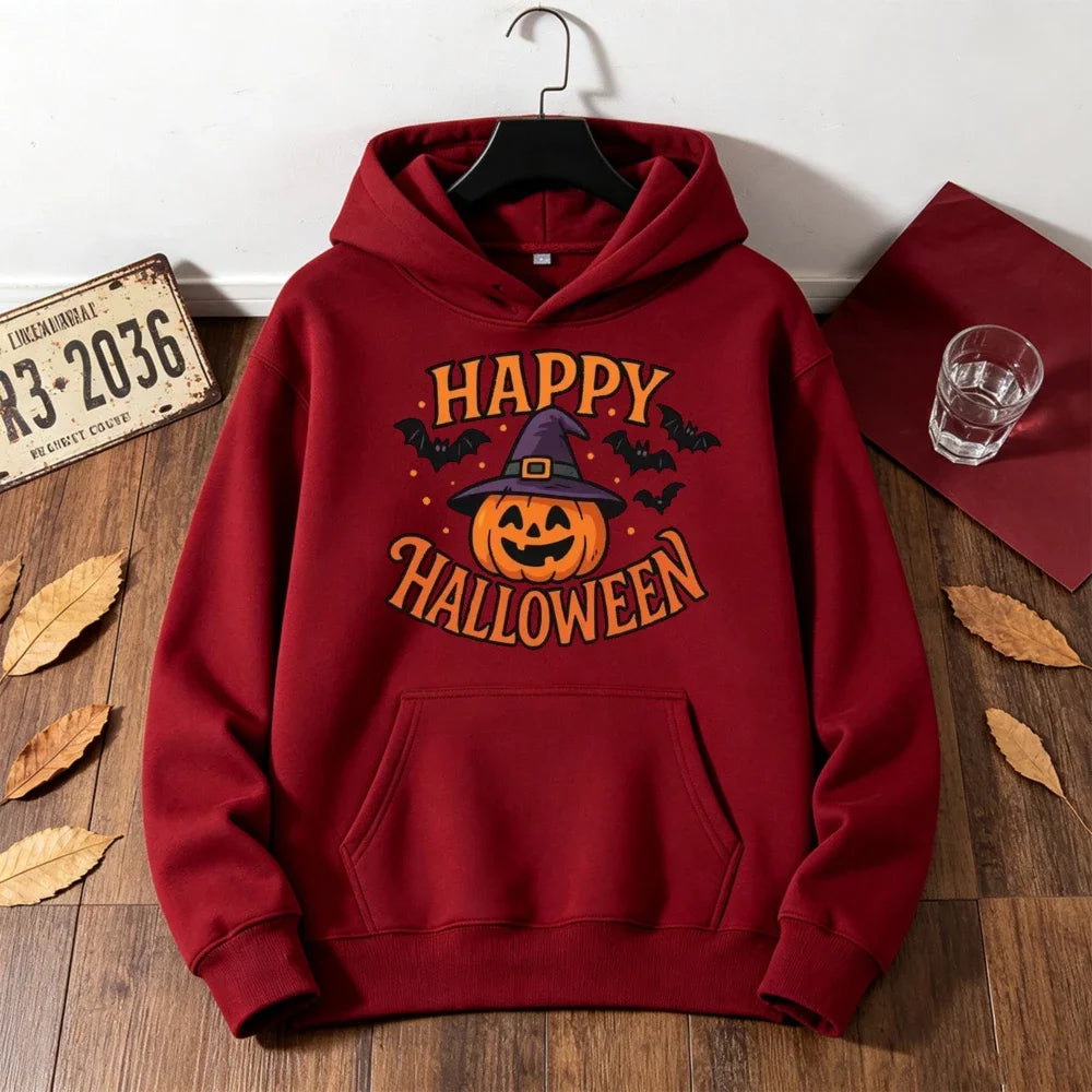 Happy Halloween Hoodie Women Witch Hat Pumpkin Graphic Sweatshirt Spooky Season Long Sleeve Casual Loose Pullover Warm Tops