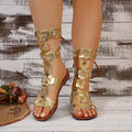 2026 Summer Luxury Round Toe PU Women's Sandals Fashionable Flat Casual Beach Shoes Stylish Metallic Decoration Women's Sandals
