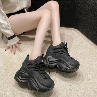 New Women Beige Chunky Sneakers Platform Dad Shoes Lace Up Mesh Comfortable Height Increasing Versatile Spring Autumn