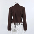 Soft Texture V Neck Women Lace Blazer White Tone Waist Taper Suit Outerwear Lace Weave Fall Season Formal Coat Casual Gathering