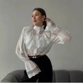 Women Victorian Lace Ruffle Blouse Stand Collar Sheer Puff Long Sleeve Elegant Vintage Shirt Tops