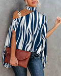 Women Halter Cold Shoulder Blouse Asymmetric Batwing Sleeve Metal Buckle Printed Loose Casual Tunic Top