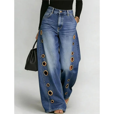 Women's High Waist Wide Leg Jeans Fashion Retro Metal Eyelet Side Hollow Denim Pants Casual Female Streetwear LooseLong Trousers