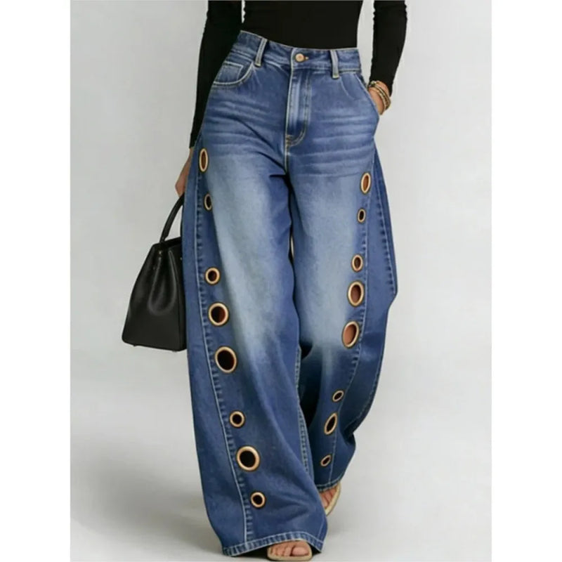 Women's High Waist Wide Leg Jeans Fashion Retro Metal Eyelet Side Hollow Denim Pants Casual Female Streetwear LooseLong Trousers