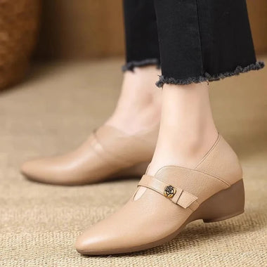 Women Mary Jane Shoes Genuine Leather Low Heel Pumps T-Strap Flower Buckle Comfortable Soft Sole Casual Office Mom Shoes
