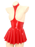 Womens Patent Leather Halter Latex Dress Wet Look Bare Breast Exposing Patent Leather Open Chest Halter Ruffled Latex Dresses