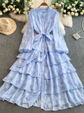 French Resort Style Heavy Work Embroidered Lace Crew Neck Dress Women Autumn Waist Slim Elegant Tiered Cake Maxi Dress