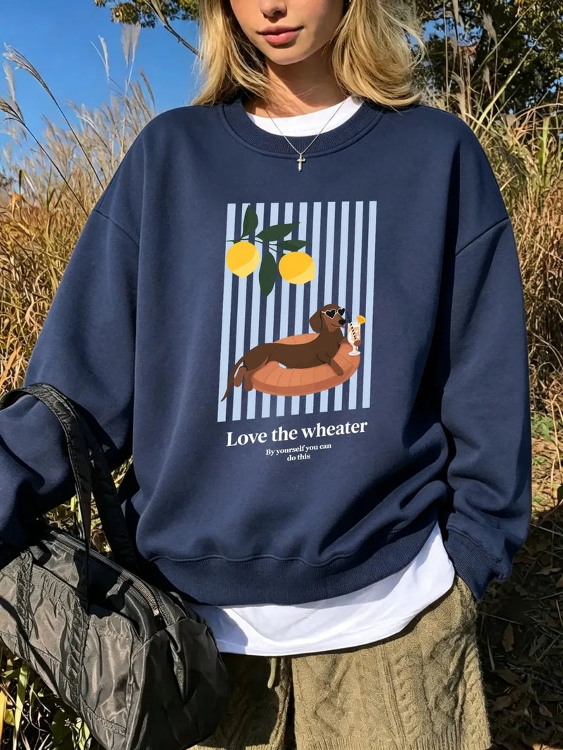 Vertical Stripe Dachshund Prints Hoodie Women Winter Jogging Sweatshirt Loose Crewneck Pullover Basics Fleece Warm Woman Clothes