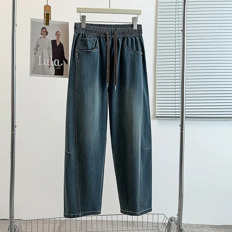 Autumn 9XL Tapered Jeans For Women Simple Elastic Waist Loose Denim Pants American Casual Fashion Retro Splicing Trousers