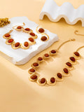 Vintage Red Oval Gemstone Jewelry Set for Women Gold-Plated Geometric Twisted Necklace Earrings Bracelet Elegant Banquet Wedding Statement Accessories
