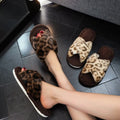 Women Cross Band Leopard Print Slippers Indoor Home Furry Slides Adults Fuzzy Open Toe Soft Sole Non Slip Warm Sandals