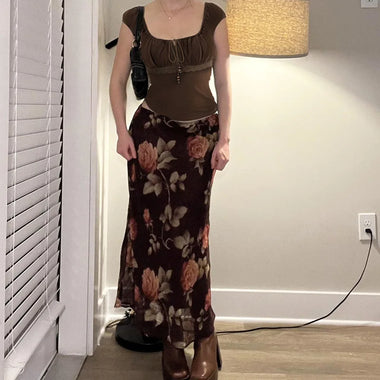 Women Floral Print Mesh Skirt A-Line Mini Skirt Thin Summer Holiday Style Gentle Colors Cross-Border European And American