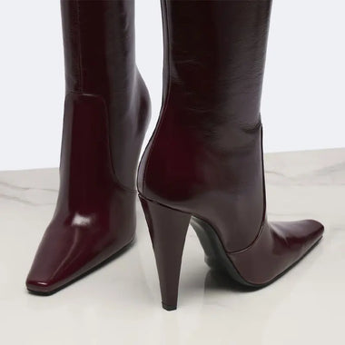 Women's Knee High Boots Pointed Toe Tapered Cone Heel Slip-on Female Solid Color Long Boots High Quality Non-Slip Ladies Shoes