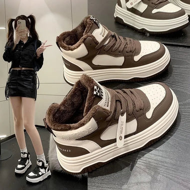 High Top Warm Thick Soled Board Shoes 2024 Winter Casual Color Blocked Velvet Sports Vulcanized Women's Shoes Platform Sneakers