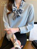 H Han Queen Elegant Autumn Bow Chiffon Simple Office Lady Blouse Female Shirt Loose Tops Long Sleeve Casual OL Blouses Women