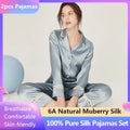100% Pure Real Silk Pajama Sleepwear Woemn's Long Top and Pant Two-piece Pyjamas Suit Plus Size Pijama  Silk Home Suits