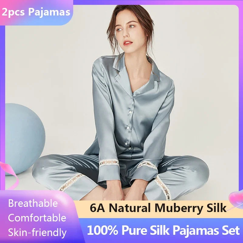 100% Pure Real Silk Pajama Sleepwear Woemn's Long Top and Pant Two-piece Pyjamas Suit Plus Size Pijama  Silk Home Suits