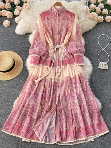 Autumn Holiday Pink Maxi Dress Women Clothing Turleneck Long Lantern Sleeve Flower Retro Print Belted Chiffon Loose Vestidos