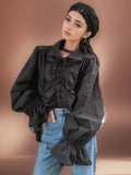 Zadily 2025 Summer Women's Lolita Ruffle Trim High Neck Shirt Lace-Up Lantern Sleeves Fitted Waist Vintage Elegant Party Blouse