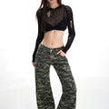 Structured Camo Bootcut Denim Pants - Low Rise Non-Stretch Flattering Slightly Loose Jeans