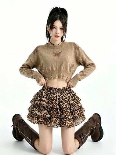 Women Leopard Chiffon Mini Skirt With Built-in Shorts Tiered Ruffle A-Line Cake Skirt High Waist Y2K Short Skirts For Ladies