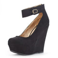 Women Wedge Pumps Sexy Leopard Flock Buckle Bowtie Round Toe Ankle Strap High Heels Platform Wedges Female Party Wedding Shoes