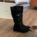 Women 2-in-1 Fold Over Slouchy Knee High Boots Hidden Wedge Rivet Buckle Faux Suede Pointed Toe Non Slip Vintage Winter Shoes