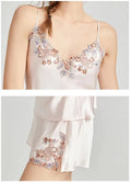 Heavy Silk Pajamas 100% Mulberry Silk Suspender Shorts Two-piece Set Multicolored Lace Design Sexy Loungewear