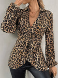 Elegant Chic Waist Lace-up Women's Clothes Fashion Vintage Leopard Printing Long Sleeve Blouse Spring Autumn Office Lady Shirts
