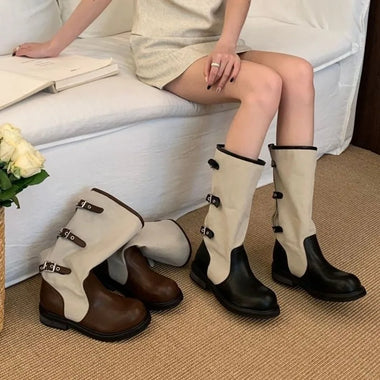 Women Spliced Knee High Boots, Canvas & Leather Patchwork, Multi Buckle Round Toe Low Block Heel Vintage Casual Riding Boots