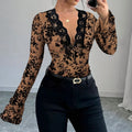 Sexy Slim Fit Floral Lace Blouses Elegant Deep V-neck Mesh Long Sleeve Blouse Streetwear Top Spring Y2k Bell Sleeve Thin Shirts