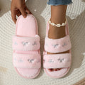 Pink Bowknot Embroidery Fluffy Fur Shoes Women Autumn Lightweight Indoor House Cotton Slippers Woman Flat Plush Floor Slippers