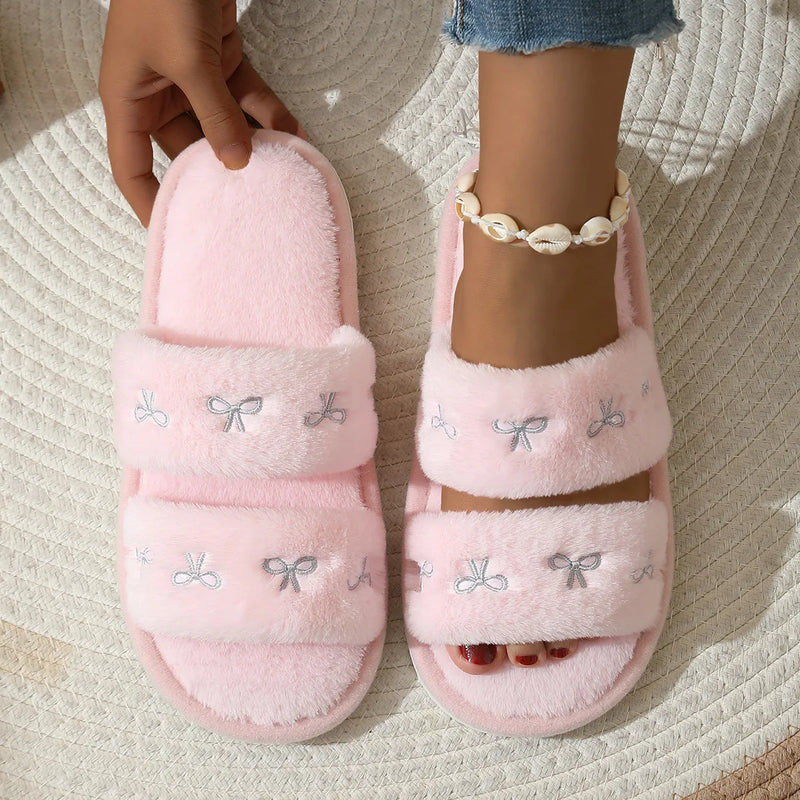 Pink Bowknot Embroidery Fluffy Fur Shoes Women Autumn Lightweight Indoor House Cotton Slippers Woman Flat Plush Floor Slippers