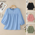 Women Summer Blouse ZANZEA Elegant Solid Color OL Work Shirt Casual O Neck Short Sleeve Tops Stylish Pleated Mujer Holiday Tunic