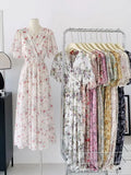2026 New Summer Dress Women Elegant Short Sleeve V Neck Floral Print Chiffon Maxi Dress Boho High Waist Beach Long Dress