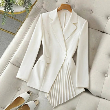 Women White Blazer Asymmetrical Pleated Hem Single Button Waist Fit Commuter Suit Jacket