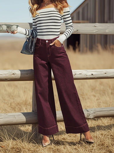 Autumn new women's wine red high waist wide leg jeans stretch fabric button placket jeans soft and comfortable slim washed jeans