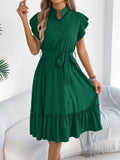 Summer Casual Woman Dress 2026 Fashion Solid Color Single Breasted Ruffle Edge Short Sleeve Dresses With Belt Khaki Blue Green