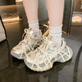 Women Mesh Platform Sneakers Cross Strap Lace Up Chunky Dad Shoes Thick Sole Breathable Fashion Walking Shoes for Daily Outdoor