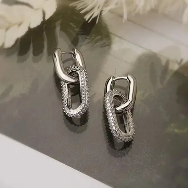 Gold Color Dangle Earrings with Shiny Zircon Decor Elegant Minimalist Double Loop Design Hoop Earrings Jewelry Gift for Women